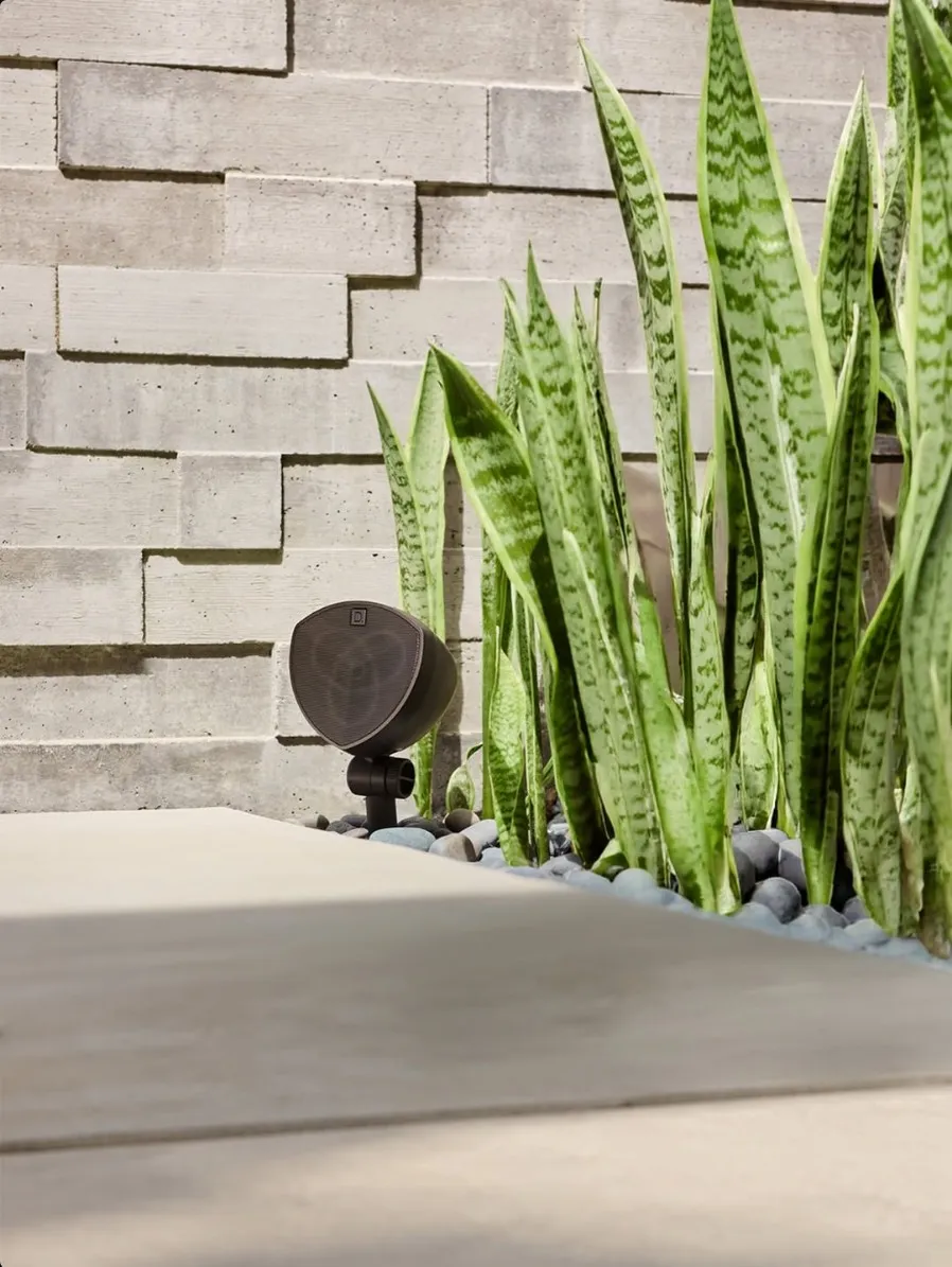 LS-400 landscape speaker half hidden among snake plants beside a stacked stone wall