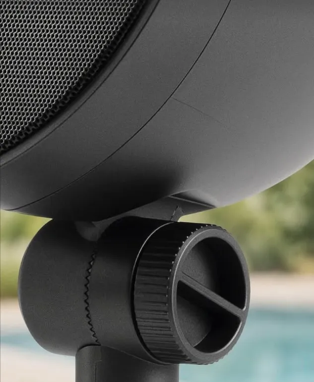 Close-up of the LS-400 swivel knuckle and knurled locking knob beside a pool